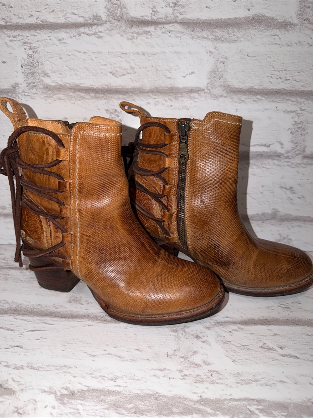 BED|STU Distressed Brown Leather Back Lace-Up/Side Zip Ankle Booties/Boots Sz 6